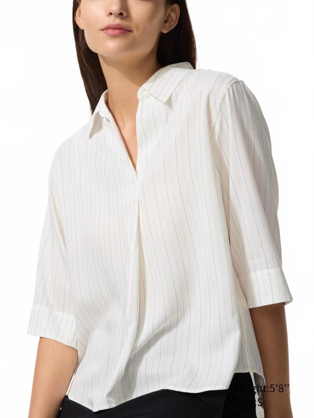 Uniqlo Rayon Skipper Collar 3/4 Sleeve Blouse | Striped Nwt Off White Large